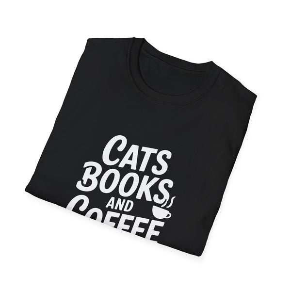 Cats, Books & Coffee T-Shirt — Cozy Reading Tee for Cat Lovers