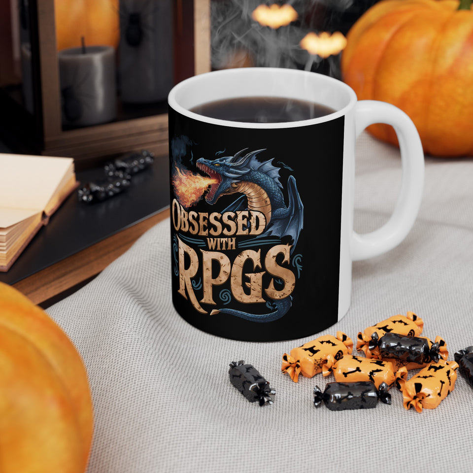Obsessed With RPGs Mug | Role Playing Game Gift | Fantasy Dragon RPG Coffee Mug | Fantasy RPG Presents Mug 11oz