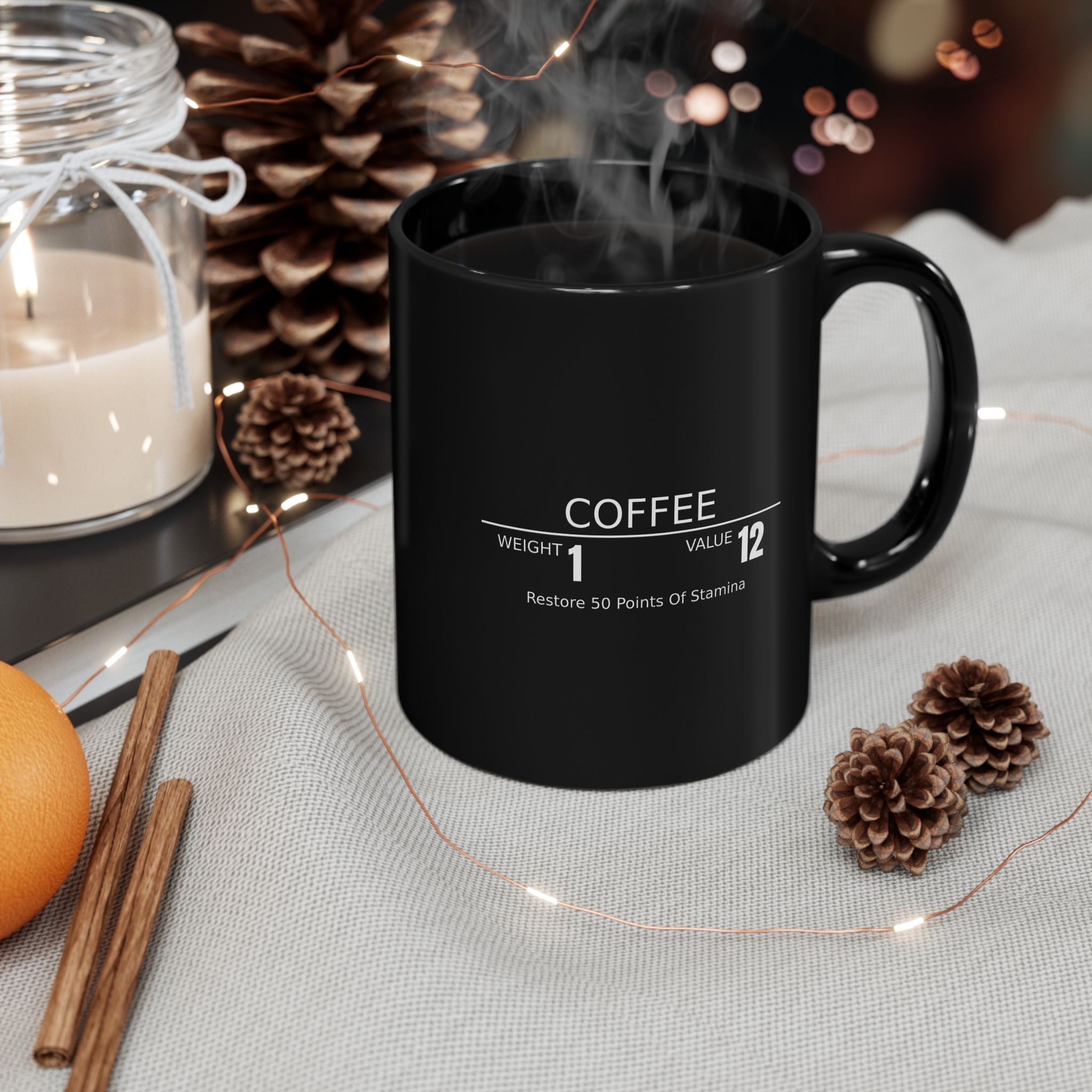 Coffee RPG Mug — "Restore 50 Points of Stamina" Black Ceramic Coffee Mug (11oz & 15oz)