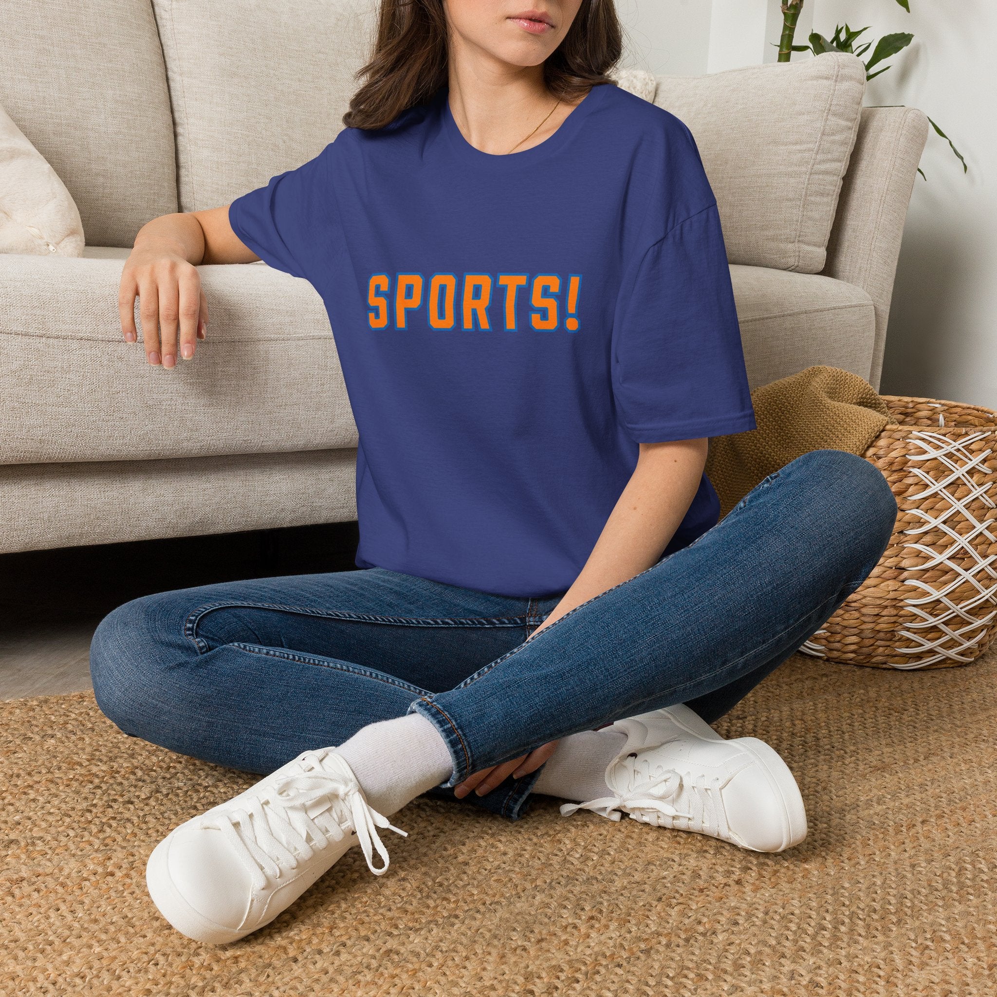 SPORTS! Funny Retro Collegiate T‑Shirt — Bold Orange & Blue Athletic Graphic