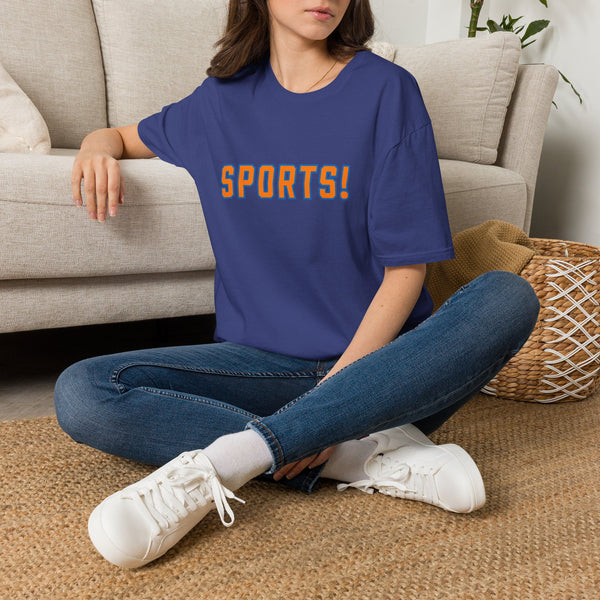 SPORTS! Funny Retro Collegiate T‑Shirt — Bold Orange & Blue Athletic Graphic