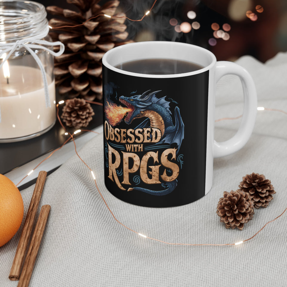 Obsessed With RPGs Mug | Role Playing Game Gift | Fantasy Dragon RPG Coffee Mug | Fantasy RPG Presents Mug 11oz