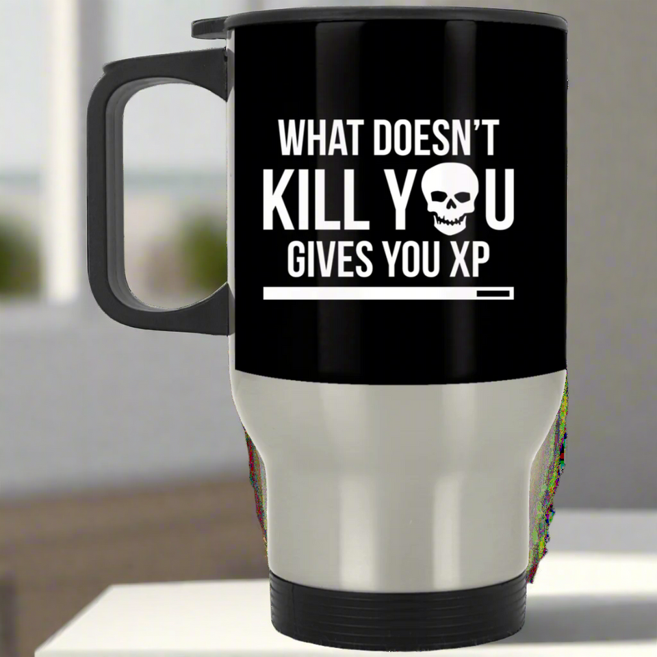 What Doesn't Kill You Gives You XP RPG 14 oz. RPG Travel Mug | Video Game Coffee Mug | Gaming Video Game Stainless Travel Mug