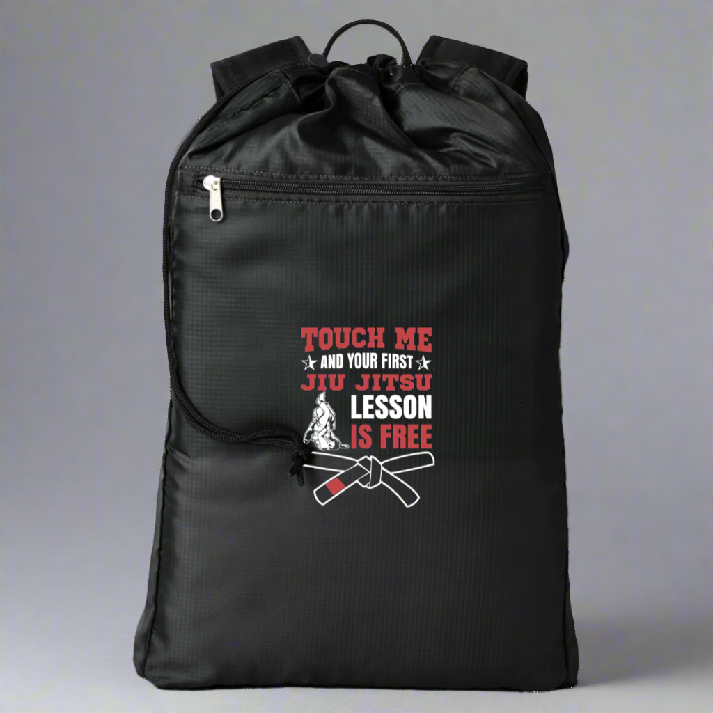 Brazilian Jiu Jitsu Touch Me and Your First Jiu Jitsu Lesson Is Free Backpack | BJJ Cinchback Backpack