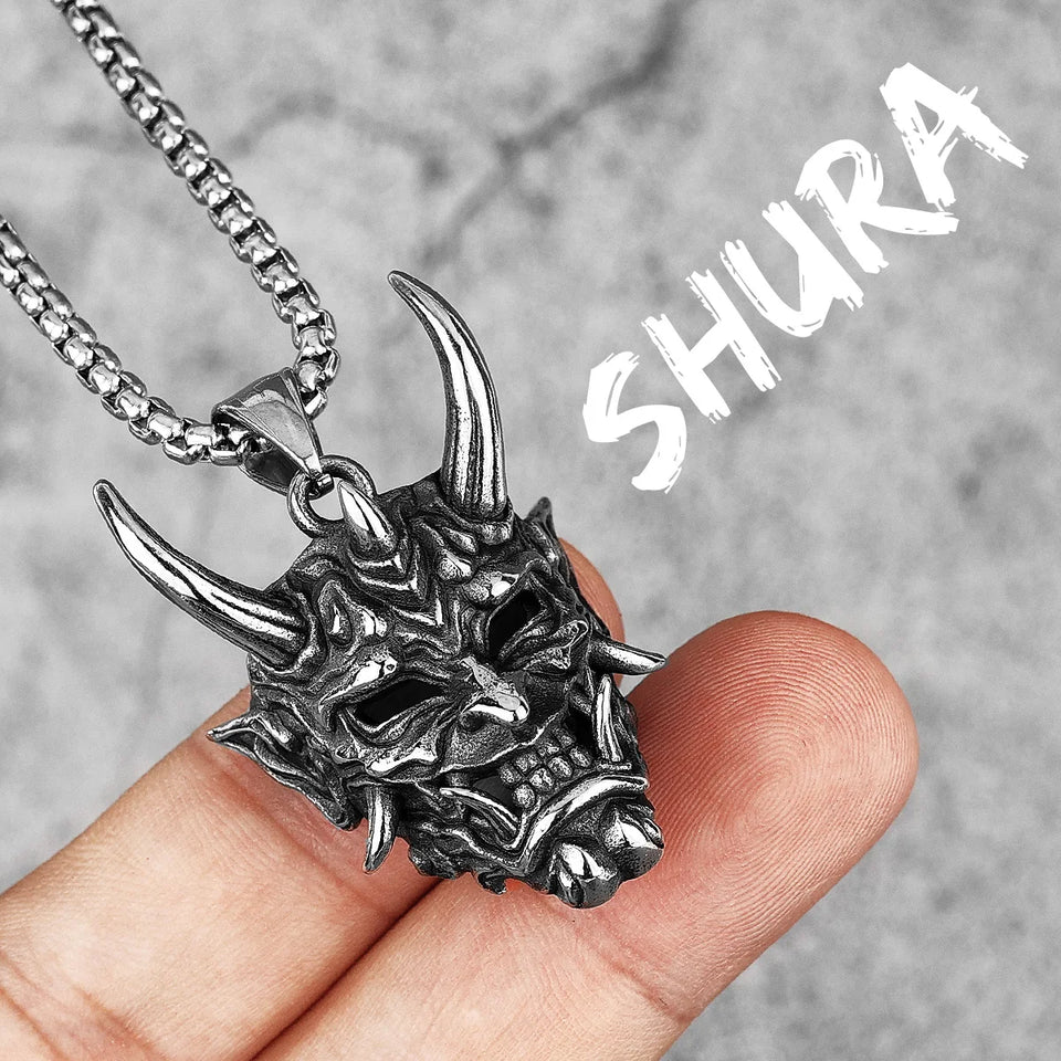 Japanese Hannya Mask Stainless Steel Necklace | Japanese Samurai Devil Mask Necklace