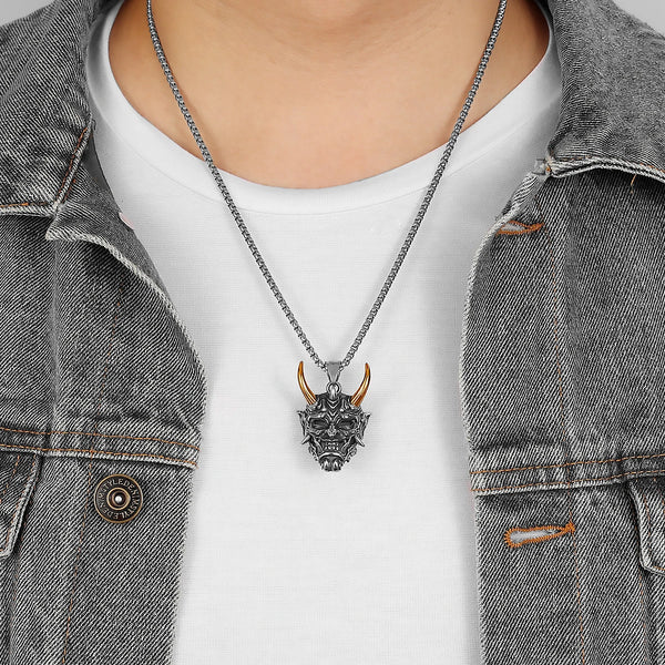 Japanese Hannya Mask Stainless Steel Necklace | Japanese Samurai Devil Mask Necklace