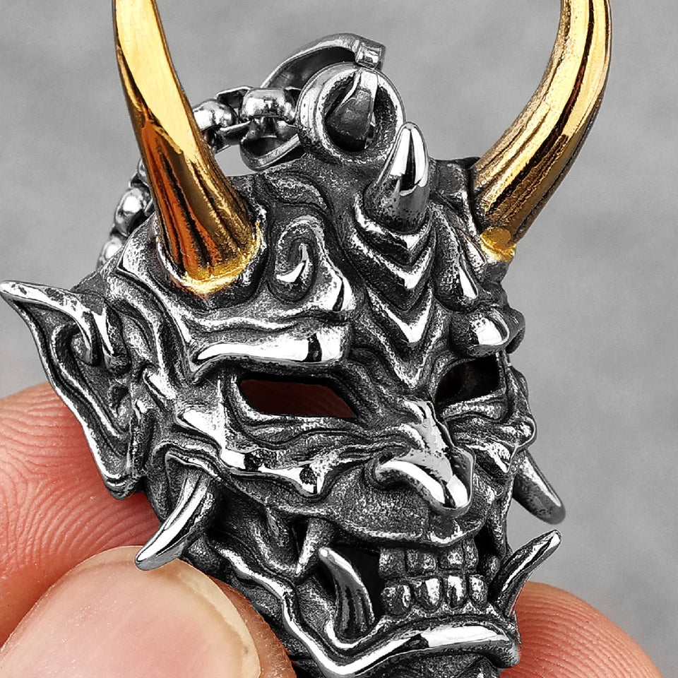 Japanese Hannya Mask Stainless Steel Necklace | Japanese Samurai Devil Mask Necklace