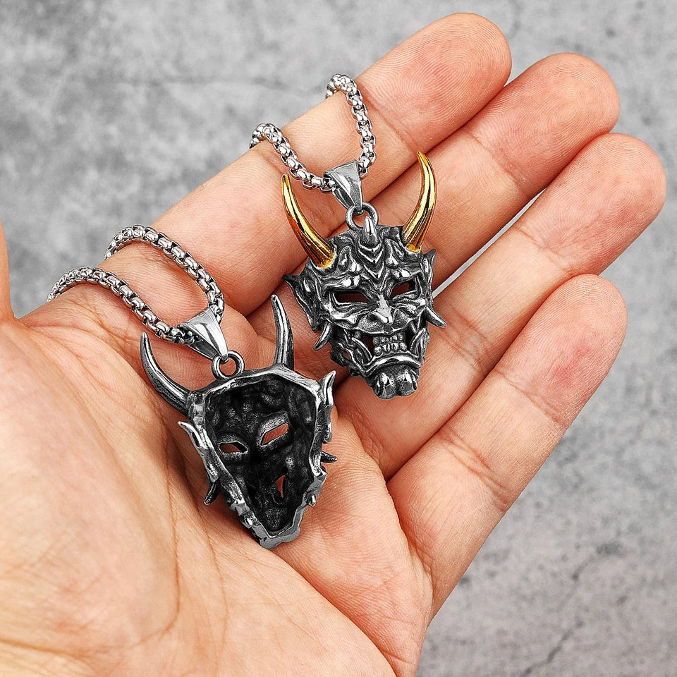 Japanese Hannya Mask Stainless Steel Necklace | Japanese Samurai Devil Mask Necklace