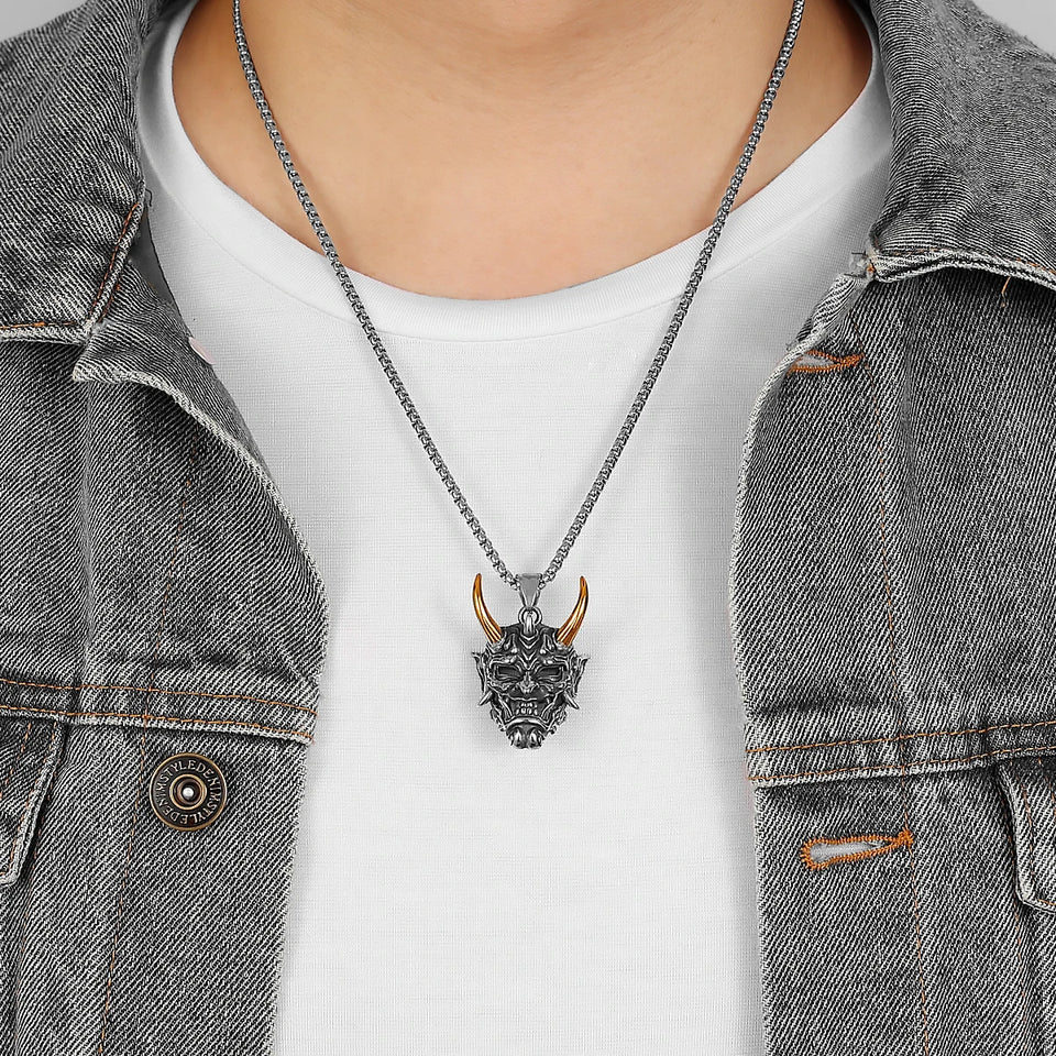 Japanese Hannya Mask Stainless Steel Necklace | Japanese Samurai Devil Mask Necklace