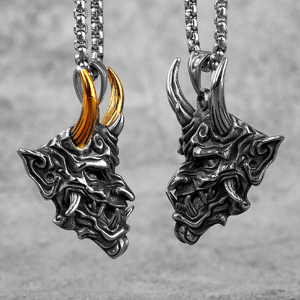 Japanese Hannya Mask Stainless Steel Necklace | Japanese Samurai Devil Mask Necklace