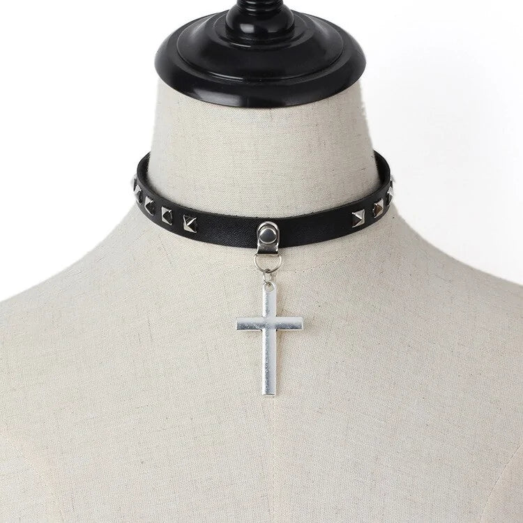 Leather Cross Necklace | Goth Cross Necklace Secondary image