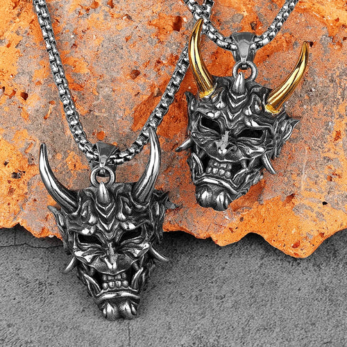 Japanese Hannya Mask Stainless Steel Necklace | Japanese Samurai Devil Mask Necklace