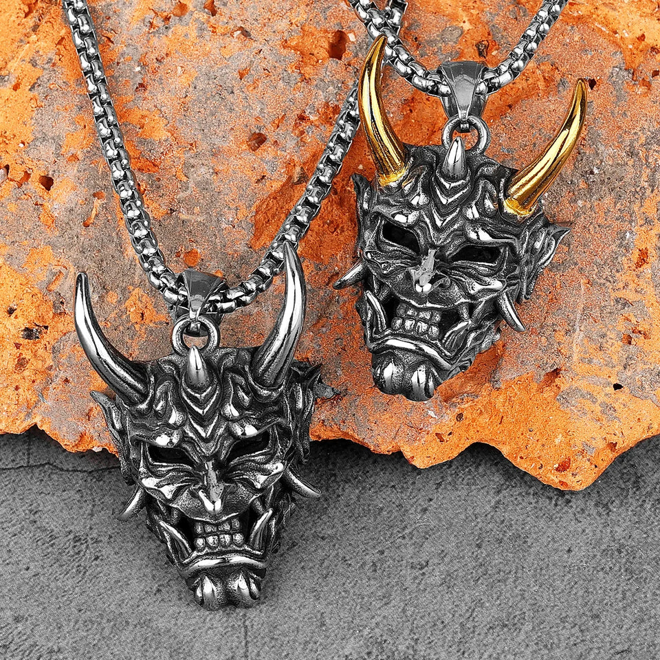 Japanese Hannya Mask Stainless Steel Necklace | Japanese Samurai Devil Mask Necklace