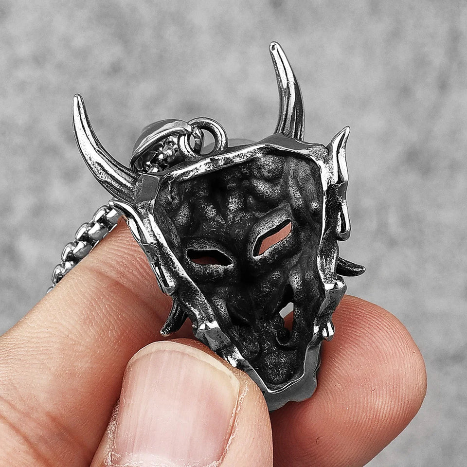Japanese Hannya Mask Stainless Steel Necklace | Japanese Samurai Devil Mask Necklace