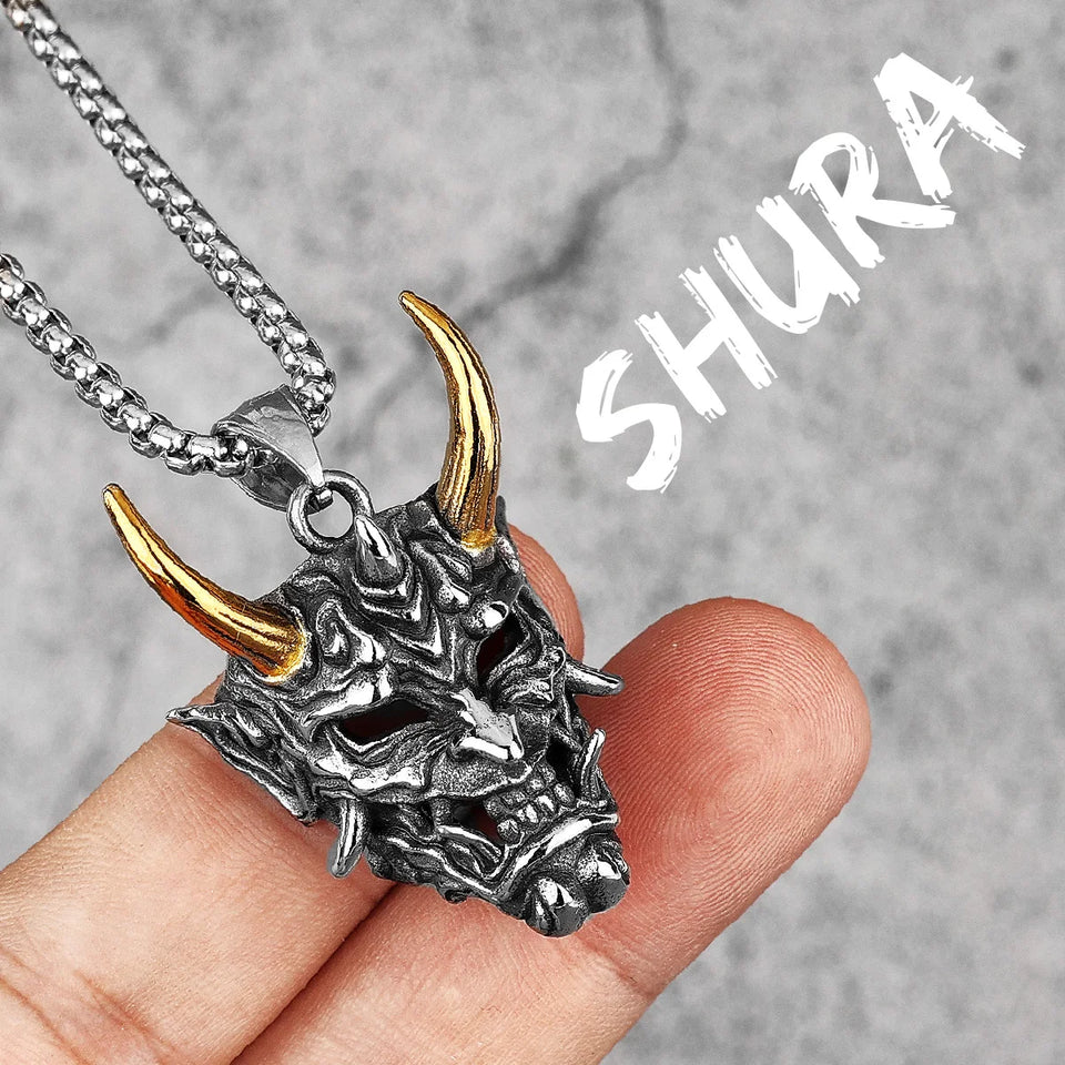 Japanese Hannya Mask Stainless Steel Necklace | Japanese Samurai Devil Mask Necklace