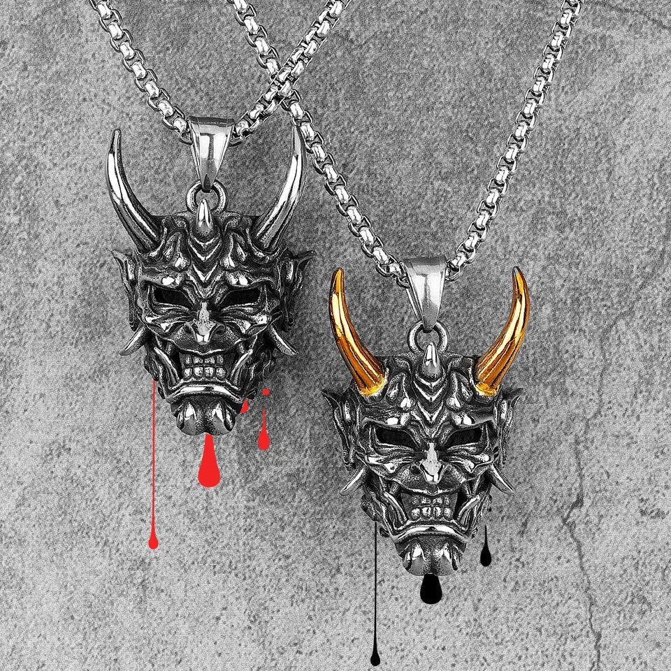 Japanese Hannya Mask Stainless Steel Necklace | Japanese Samurai Devil Mask Necklace