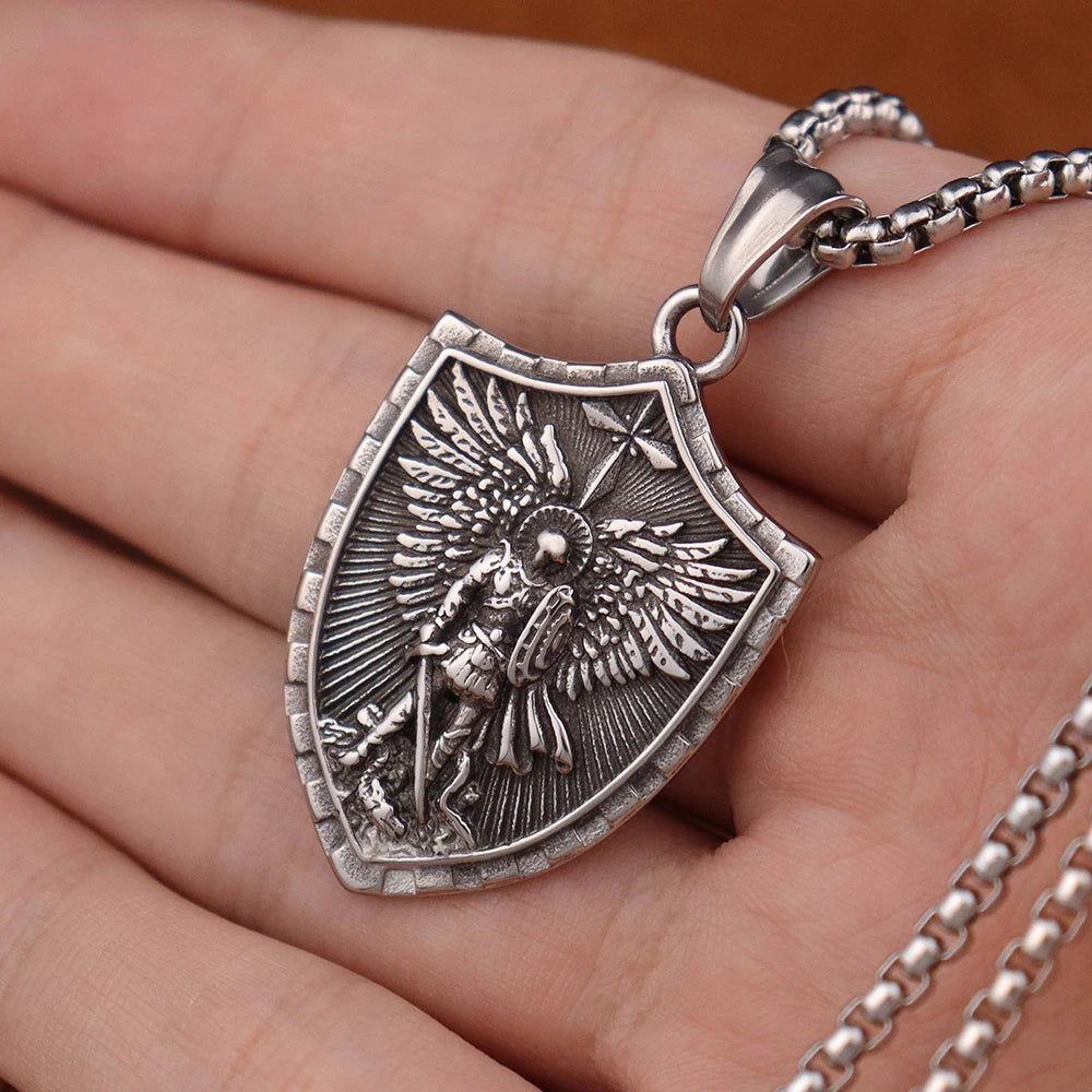 Stainless Steel Vintage Archangel Pendant Necklace | St.Michael Faith Jesus Necklace