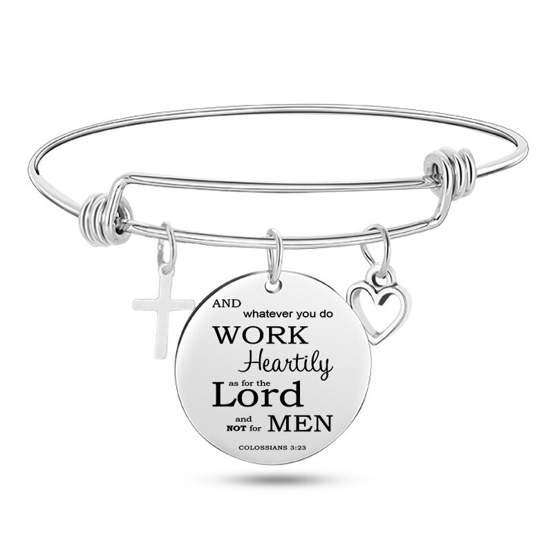 Engraved Christian Bible Psalm Stainless Steel Bracelet Bangle With Cross Heart Charms
