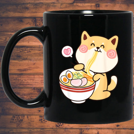 Shiba Inu Mug | Kawaii Shiba Inu Gifts Anime | Funny Shiba Inu Eating Ramen 11 oz. Black Mug