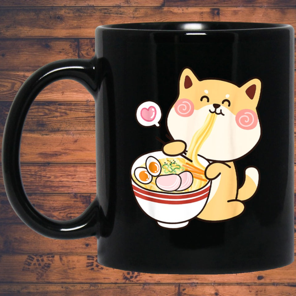 Shiba Inu Mug | Kawaii Shiba Inu Gifts Anime | Funny Shiba Inu Eating Ramen 11 oz. Black Mug