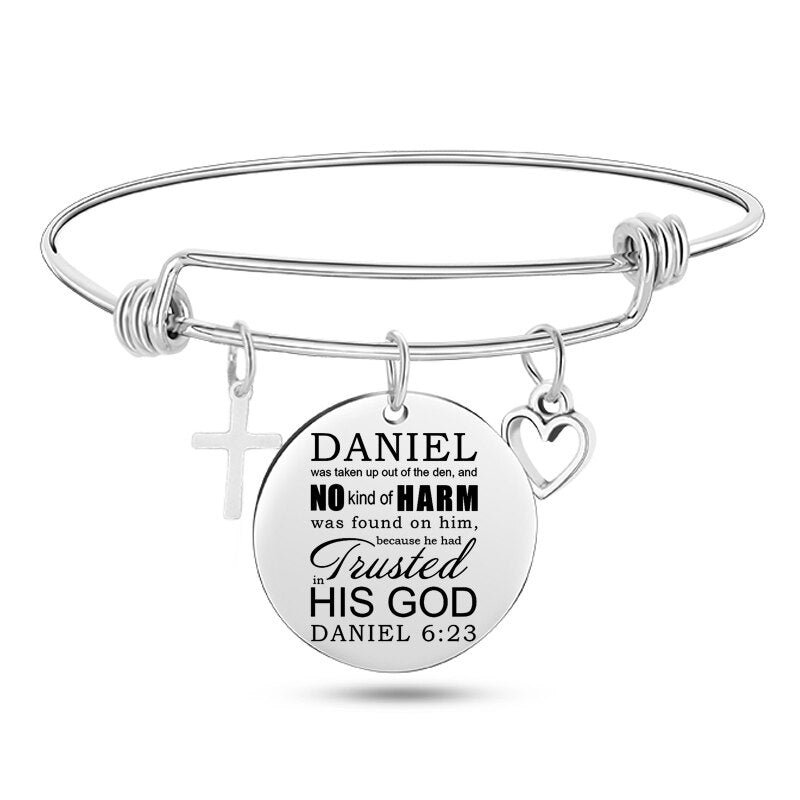 Engraved Christian Bible Psalm Stainless Steel Bracelet Bangle With Cross Heart Charms