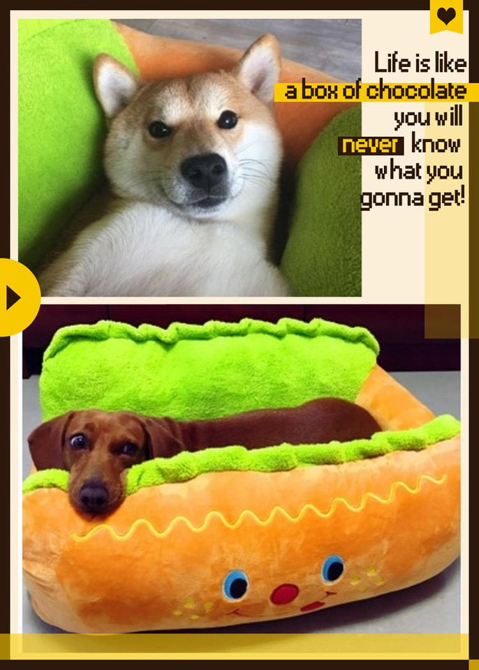 hot dog bed, hot dog dog bed, hot dog sofa, hot dog pet bed, hot dog bun dog bed
