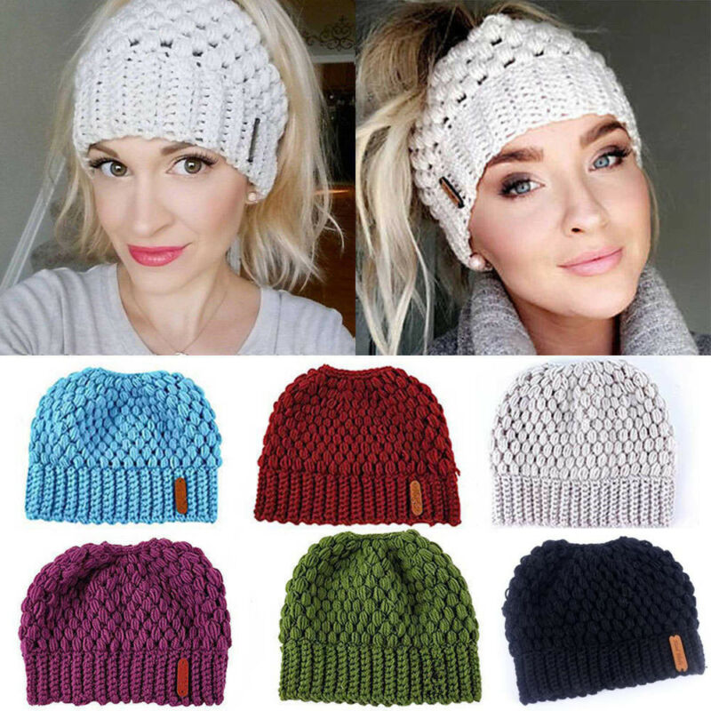Rosoz Ponytail Beanie 2-Pack For Women | Cable Knit, Stretchy, High Bun Hole - Black & Pink