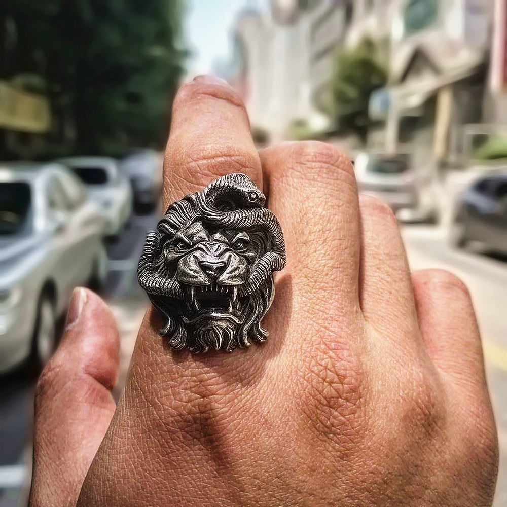 Lion and Snake Chimera Stainless Steel Ring Main image