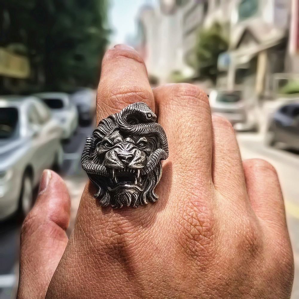 Lion and Snake Chimera Stainless Steel Ring