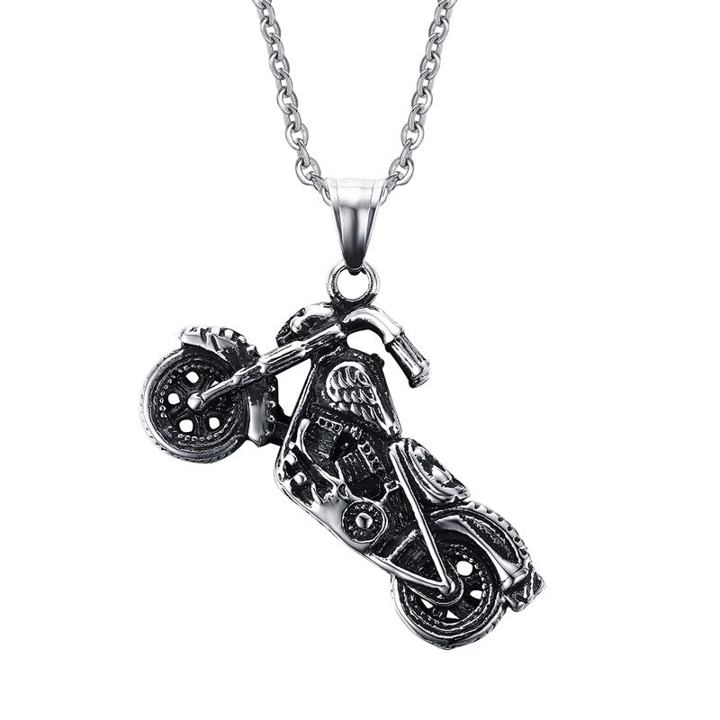 Mens Silver Motorcycle Biker Pendant Necklace