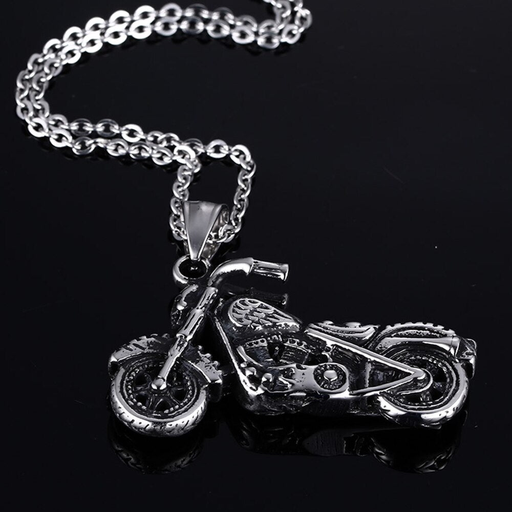 Mens Silver Motorcycle Biker Pendant Necklace