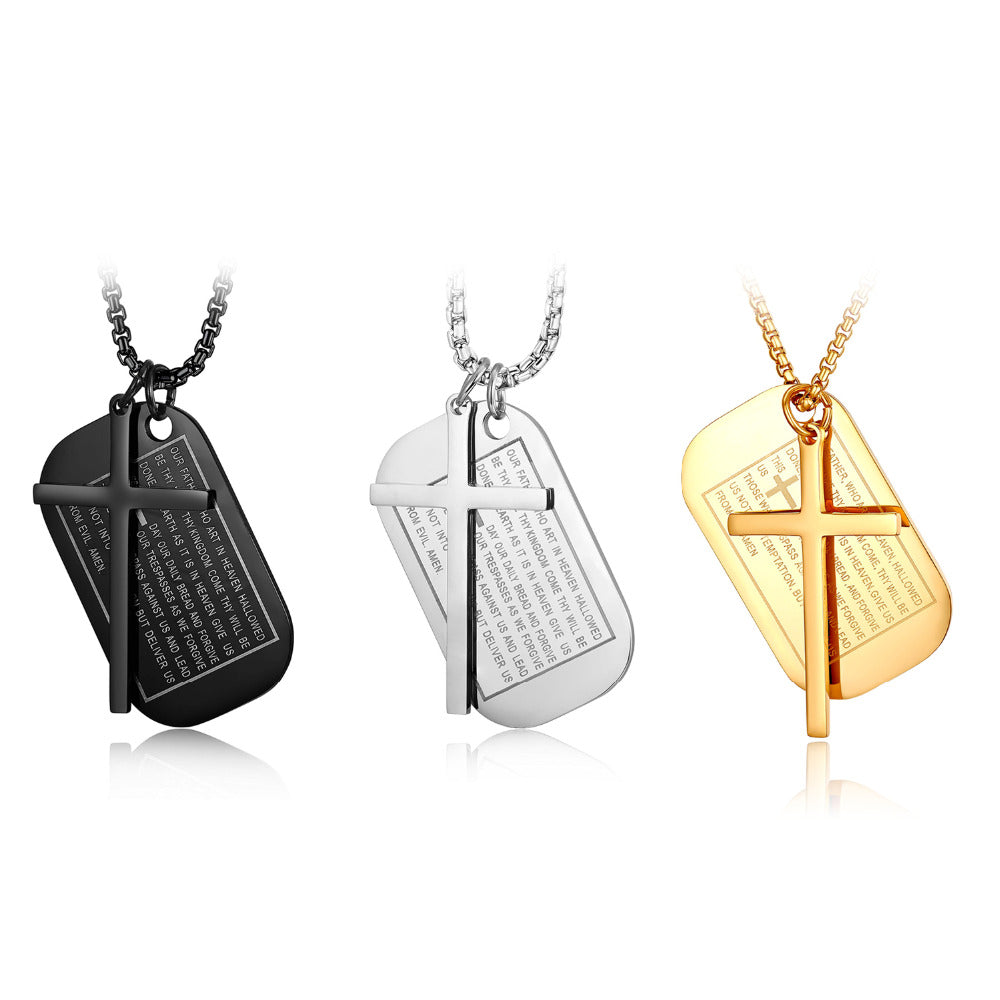 Men's Steel Lord's Prayer & Cross Dog Tag Necklace