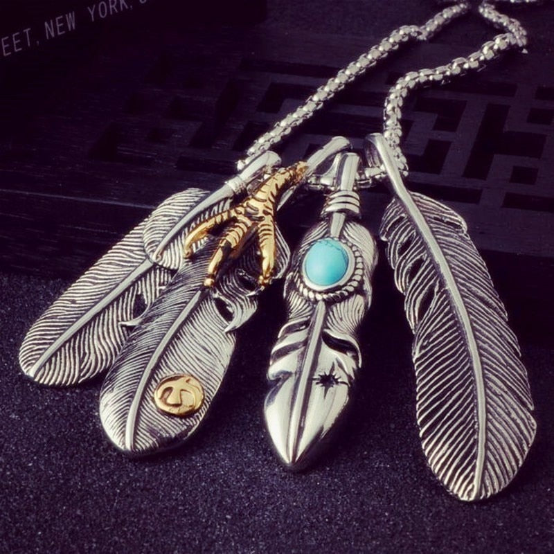 3 Eagle Feathers With Eagles Claw Pendant Necklace | Turquoise Eagle Feather | Eagle Pendant Necklace Main image
