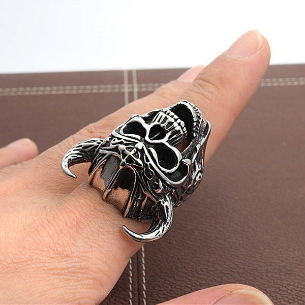 Vintage Horned Helmet Viking Warrior Skull Ring
