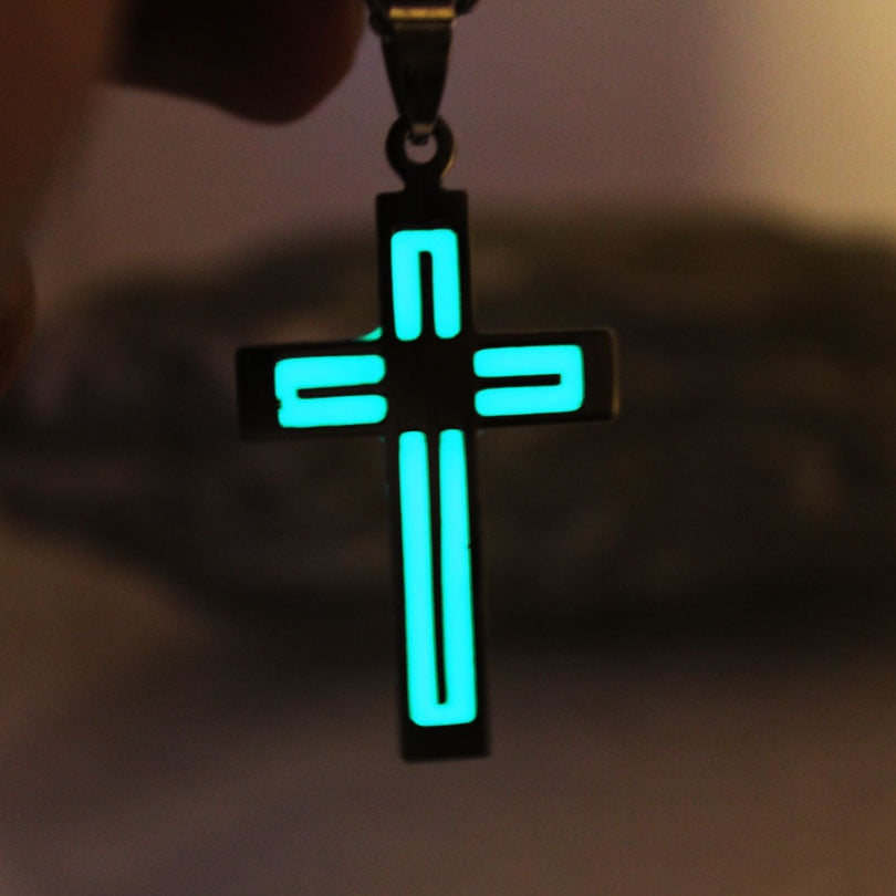 Glow In The Dark Cross Necklace - Cross Necklace, Glow in the Dark Necklace, Faith Necklace, Green Cross Necklace, Christian Necklace, Stainless Steel Necklace Main image