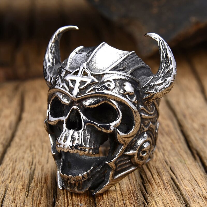 Vintage Horned Helmet Viking Warrior Skull Ring