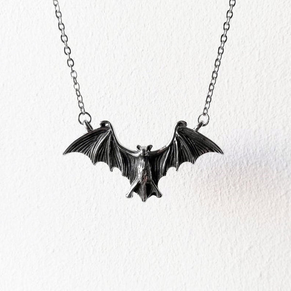 Goth Punk Black Large Flying Bat Necklace