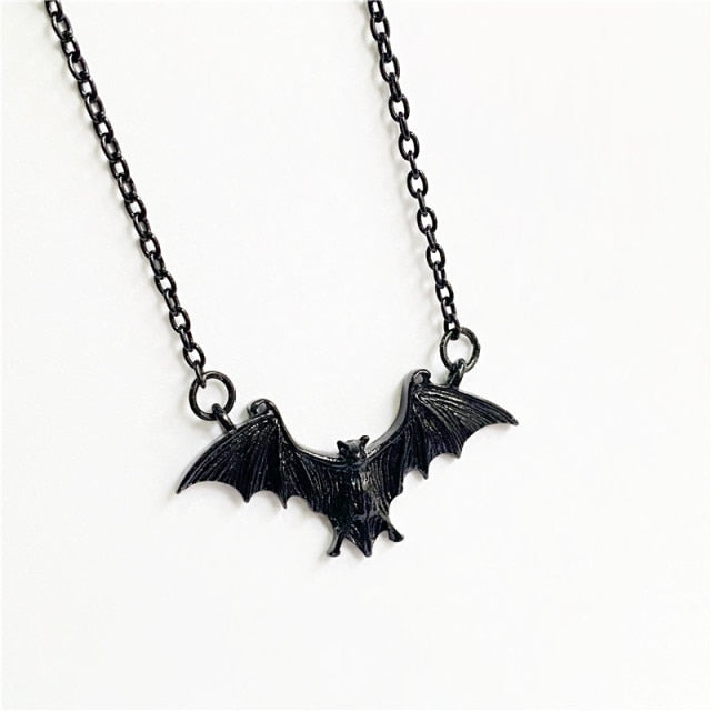Goth Punk Black Large Flying Bat Necklace