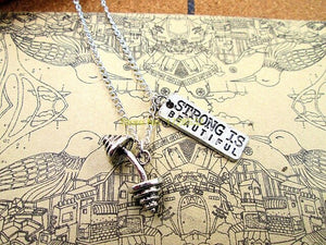 Strong Is Beautiful Gym Fitness Workout Necklace bending barbell necklace