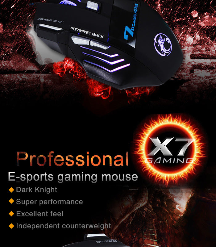 Estone X7 3200DPI LED Optical 7D USB Wired Gaming Mouse - BLACK