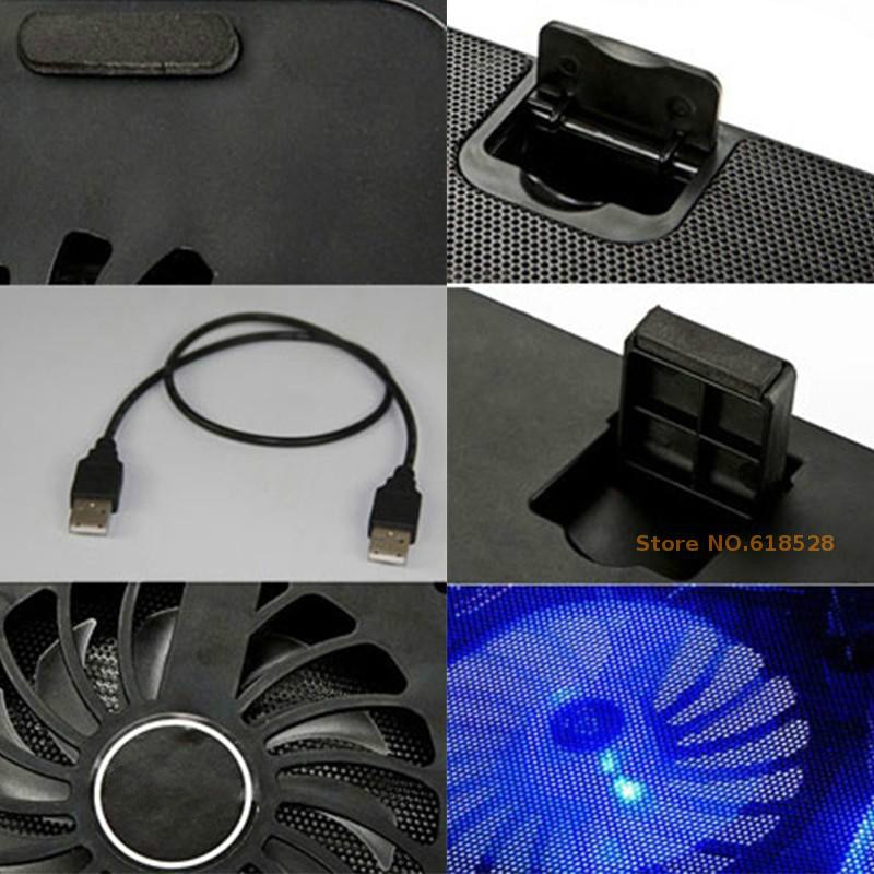 Adjustable 5 Fan Laptop Cooler Cooling Stand Pad Blue LED With USB Port For 10 inch - 17 inch Laptops