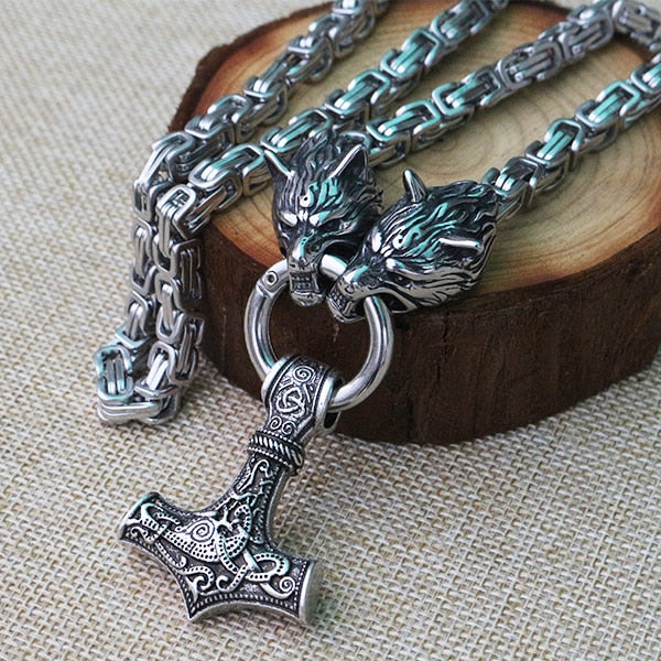 Stainless Steel Wolf Head Necklace Chain With Mjolnir Main image