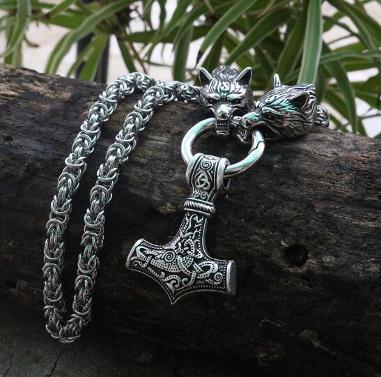 Stainless Steel Wolf Head Necklace Chain With Mjolnir