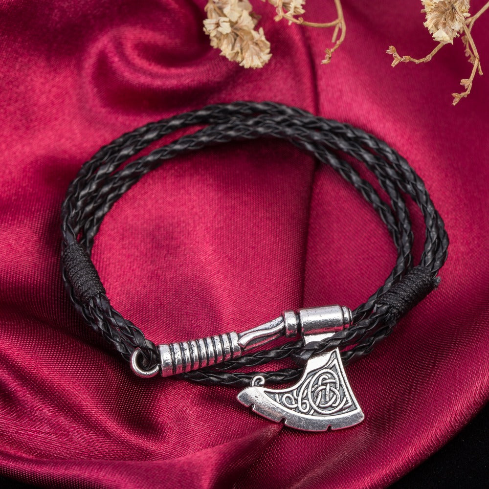 Men's Genuine Leather Viking Dragon Braided Bracelet Gold Color Axe | eBay