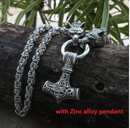 Stainless Steel Wolf Head Necklace Chain With Mjolnir
