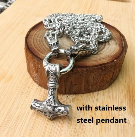 Stainless Steel Wolf Head Necklace Chain With Mjolnir