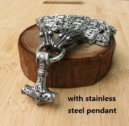 Stainless Steel Wolf Head Necklace Chain With Mjolnir