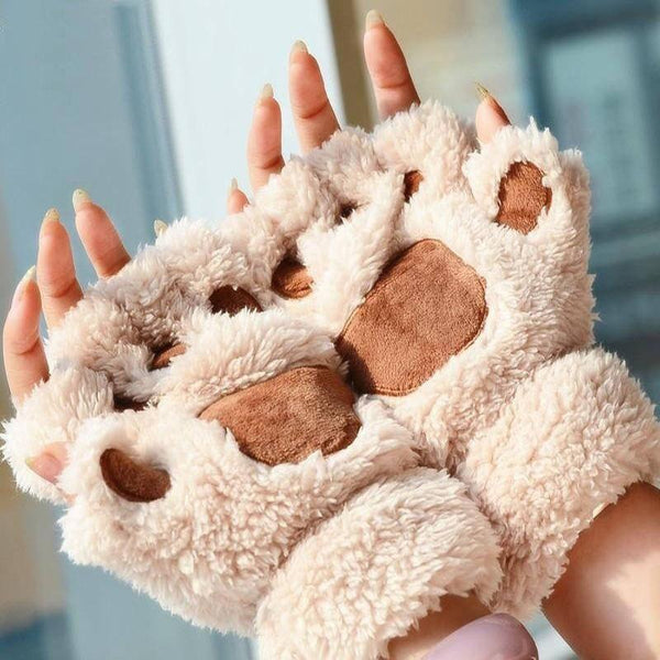 Warm Bear Claw Fluffy Plush Fingerless Gloves Mittens