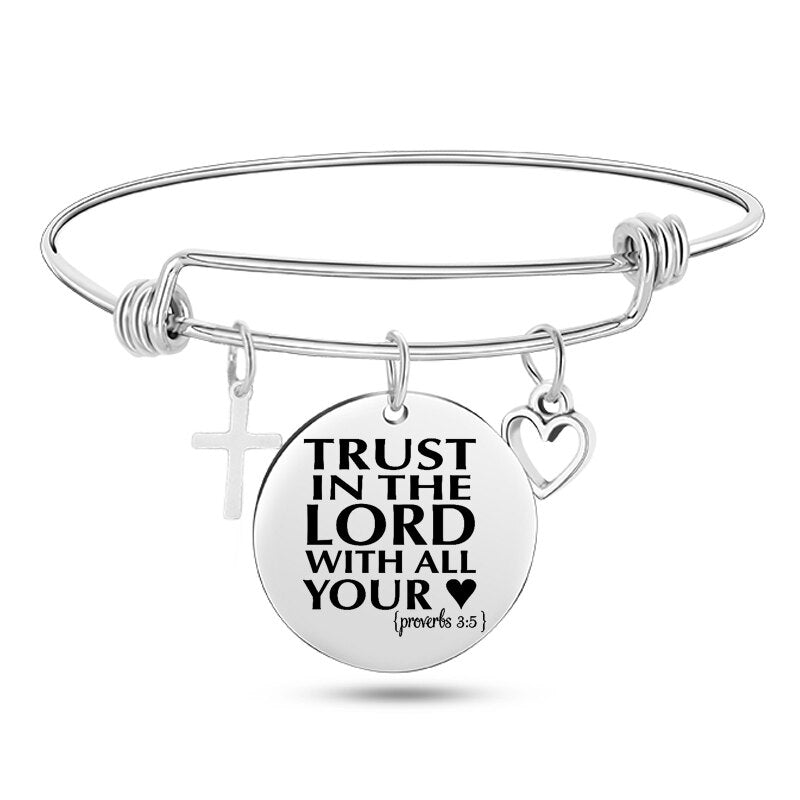 Engraved Christian Bible Psalm Stainless Steel Bracelet Bangle With Cross Heart Charms