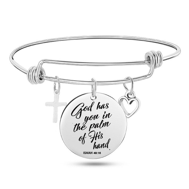 Engraved Christian Bible Psalm Stainless Steel Bracelet Bangle With Cross Heart Charms